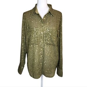 Anthropologie The Remie Sequin Olive Green Button Down Shirt Size Medium
